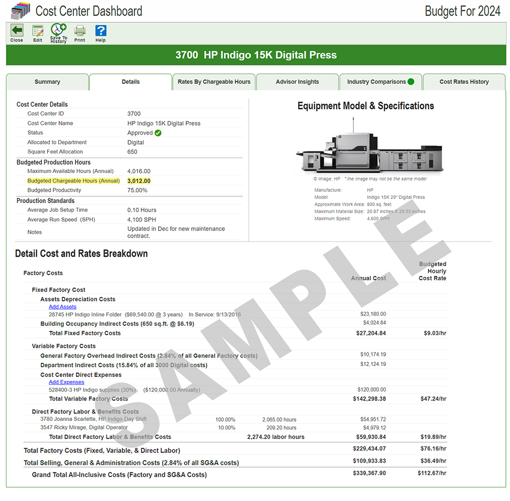 HP Indigo Digital Press budgeted hourly rates