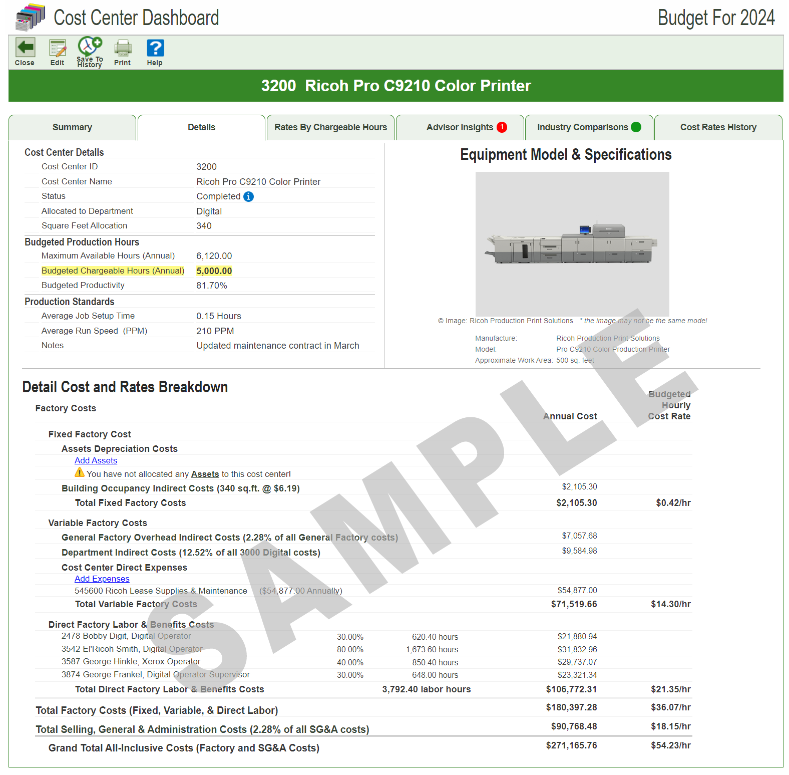 Ricoh Digital Press budgeted hourly rates